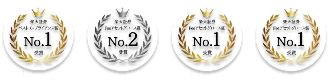 楽天証券ベストコンプライアンス賞No.1受賞、楽天証券Feeアセットグロース賞No.2受賞、楽天証券Feeアセットグロース賞No.1受賞